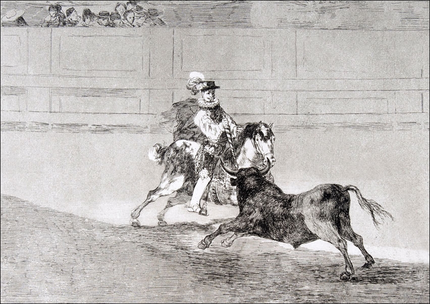 Plate 13 of the Tauromaquia- A Spanish mounted knight in the ring breaking short spears without the help of assistants,, Francisco Goya - plakat Wymia