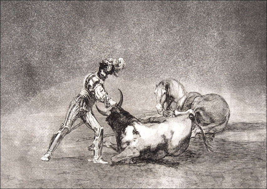 Plate 9 from the Tauromaquia- A Spanish knight kills the bull after having lost his horse, Francisco Goya - plakat Wymiar do wyboru: 84,1x59,4 cm