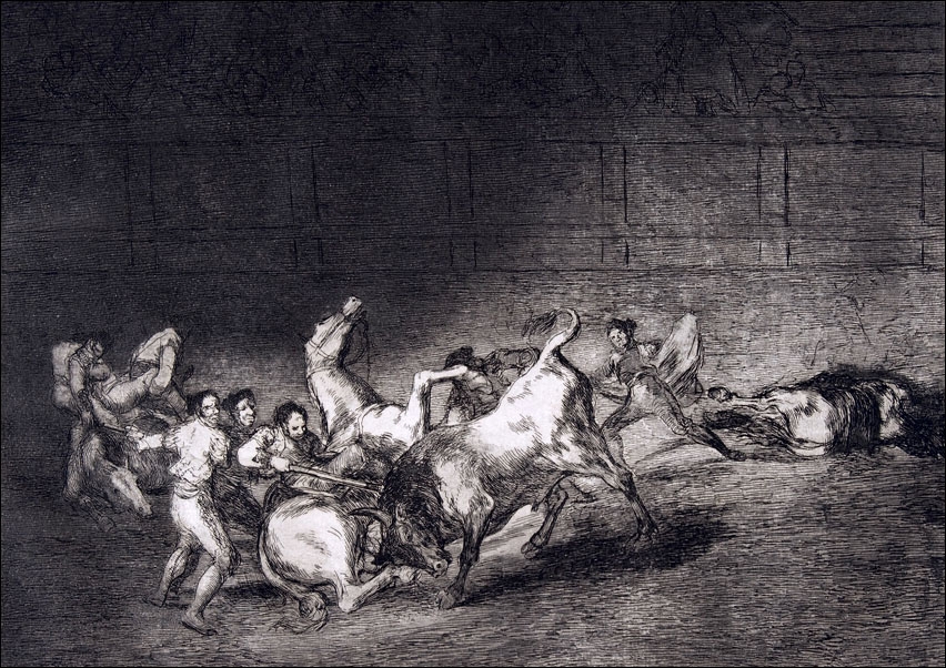 Plate 32 from the Tauromaquia-Two teams of picadors thrown one after the other by a single bull, Francisco Goya - plakat Wymiar do wyboru: 100x70 cm
