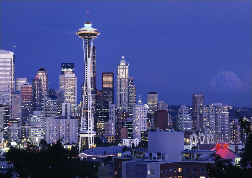 A Dusk View of the Seattle Skyline., Carol Highsmith - plakat 70x50 cm