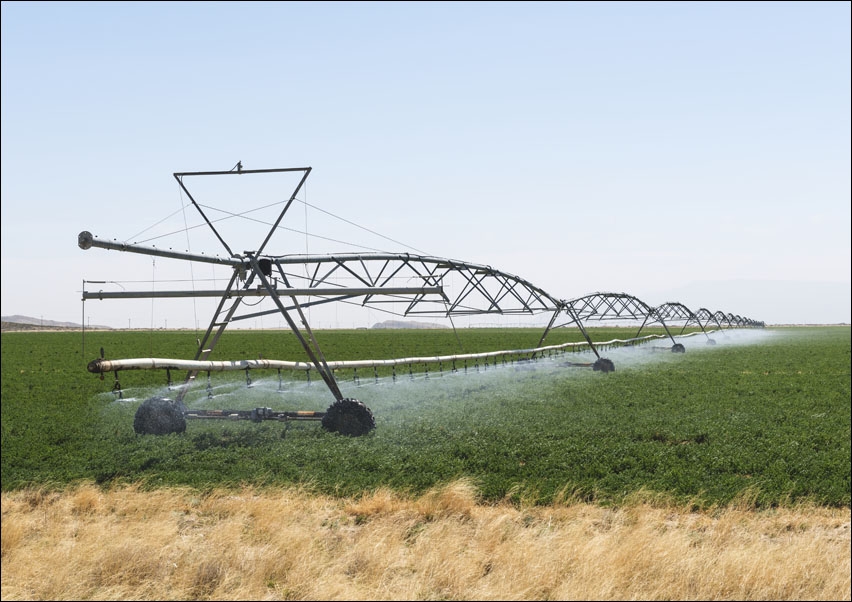 Rolling irrigation sprinkler at work along the road carrying U.S. Highways 62-180 near the New Mexico border in Hudspeth County, Texas. , Carol Highsm