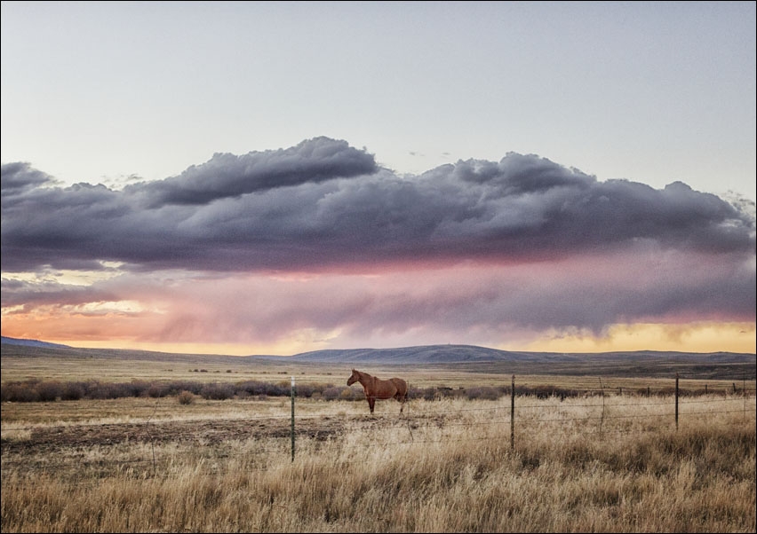 Sunset approaches at the Big Creek cattle ranch, a huge spread just above the Colorado line near Riverside in Carbon County, Wyoming., Carol Highsmith