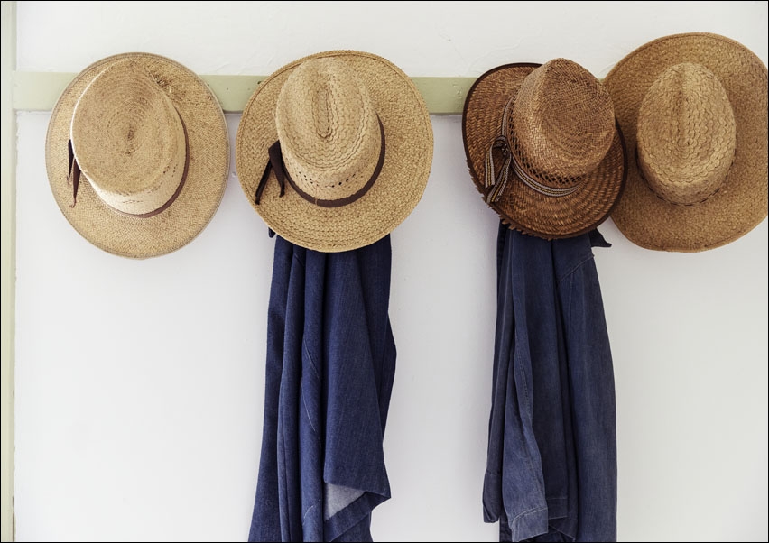 Men’s straw hats, hanging inside the farmhouse at Yoder’s Amish Home., Carol Highsmith - plakat 60x40 cm