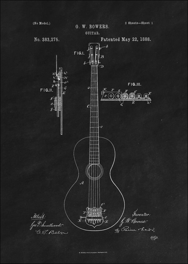 Galeria Plakatu, Plakat, Patent GW Bowers Gitara Projekt z 1888, black, 40x60 cm