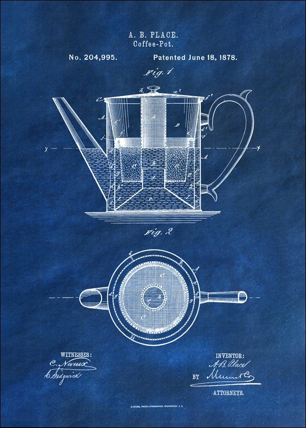 Patent, Kawiarka Projekt z 1878 Niebieskie - plakat Wymiar do wyboru: 29,7x42 cm