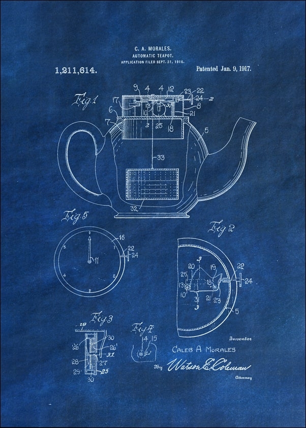 Patent, Dzbanek na herbatę Projekt z 1917 Niebieski - plakat Wymiar do wyboru: 50x70 cm