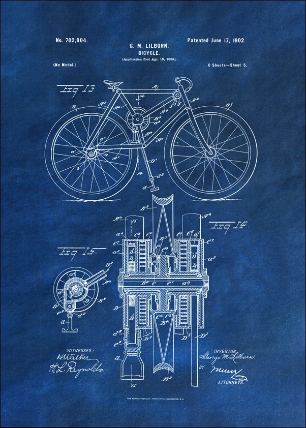 Patent, Mechanizm Rowerowy Projekt z 1902 Niebieski - plakat Wymiar do wyboru: 29,7x42 cm