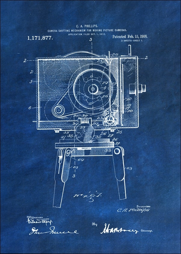 Patent, Kamera Filmowa Projekt z 1916 Niebieski - plakat Wymiar do wyboru: 50x70 cm