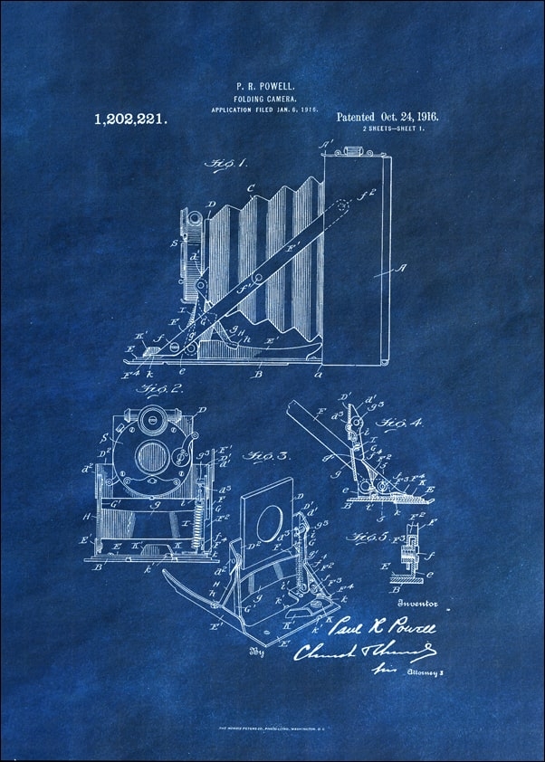 Patent, Kamera Składana Projekt z 1916 Czarne Niebieski - plakat Wymiar do wyboru: 61x91,5 cm
