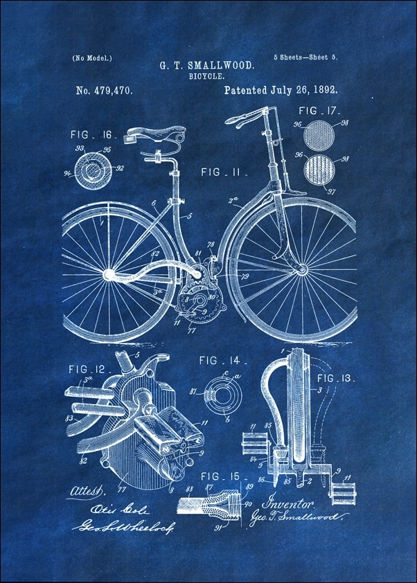 Patent, Mechanizm Rowerowy Projekt z 1892 Niebieski - plakat Wymiar do wyboru: 40x50 cm