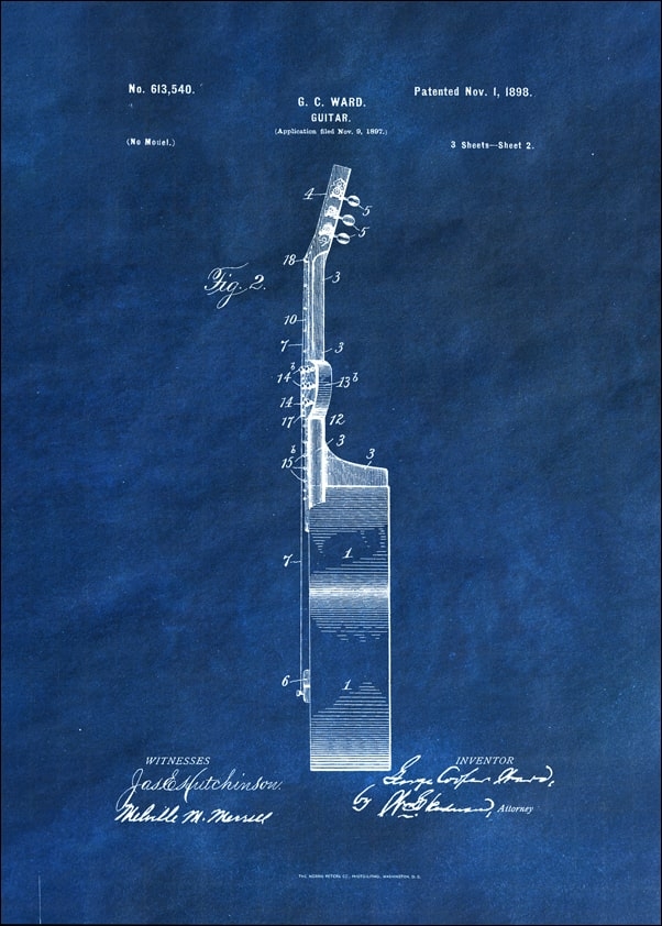 Patent, GC Ward Gitara Projekt z 1898 Niebieski - plakat Wymiar do wyboru: 42x59,4 cm
