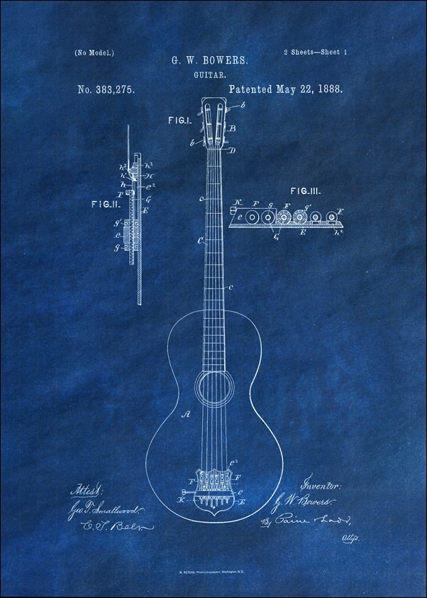 Patent, GW Bowers Gitara Projekt z 1888 Niebieskie - plakat Wymiar do wyboru: 40x60 cm