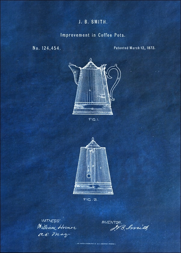 Patent, Dzbanek na Kawę Projekt z 1872 Niebieskie - plakat Wymiar do wyboru: 50x70 cm