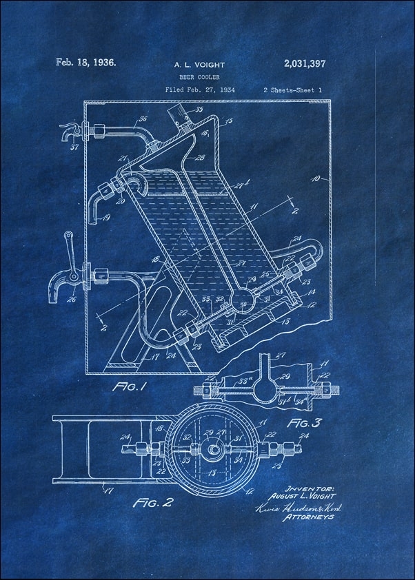 Patent, Ochładzacz do Piwa Projekt z 1936 Niebieski - plakat Wymiar do wyboru: 40x60 cm