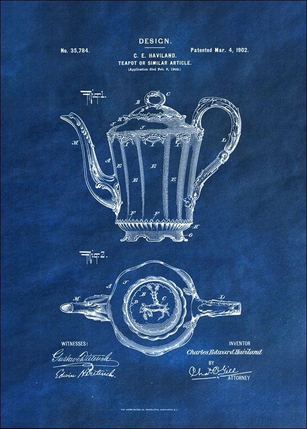 Patent, Haviland Dzbanek na herbatę Projekt z 1902 Niebieskie - plakat Wymiar do wyboru: 50x70 cm
