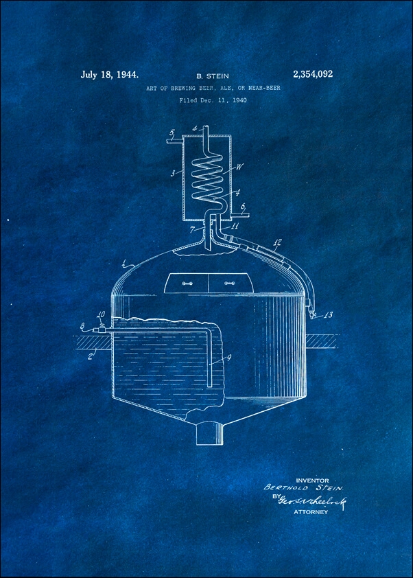Patent, Sztuka Warzenia Piwa Projekt z 1944 Niebieski - plakat Wymiar do wyboru: 20x30 cm