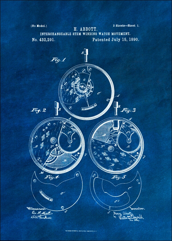 Patent, Zegarek Nakręcany Projekt z 1890 Niebieskie - plakat Wymiar do wyboru: 50x70 cm