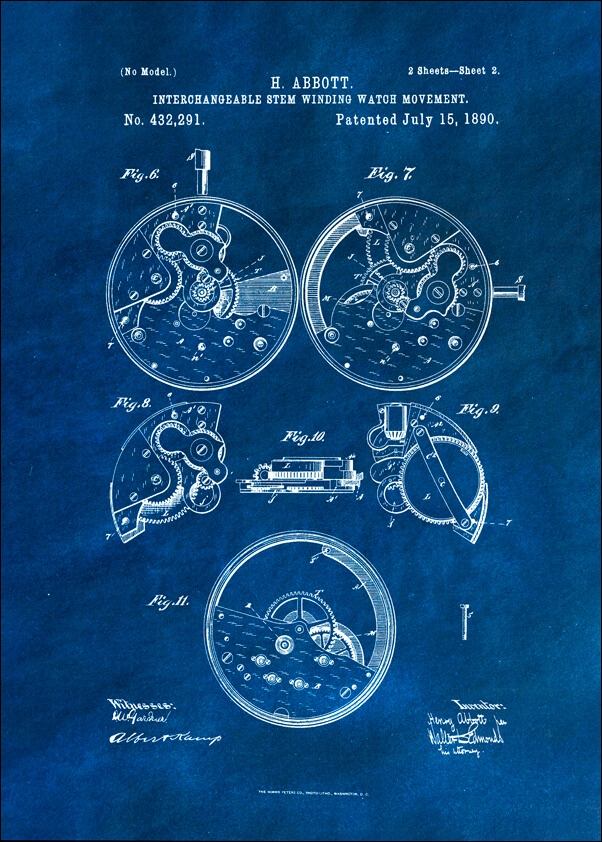 Patent, Zegarek Nakręcany Projekt z 1890 Niebieskie 2 - plakat Wymiar do wyboru: 40x50 cm
