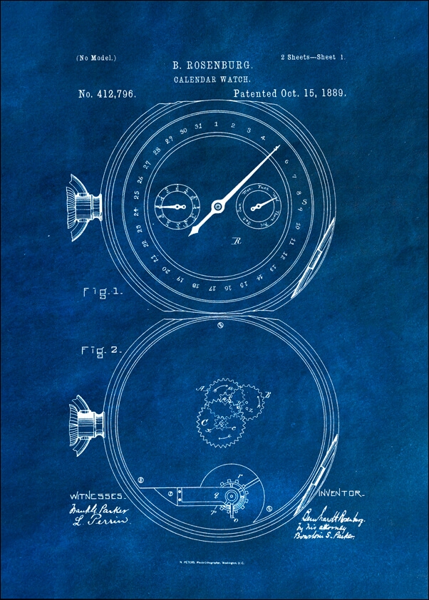 Patent, Zegarek z Kalendarzem Projekt z 1889 Niebieskie - plakat Wymiar do wyboru: 50x70 cm