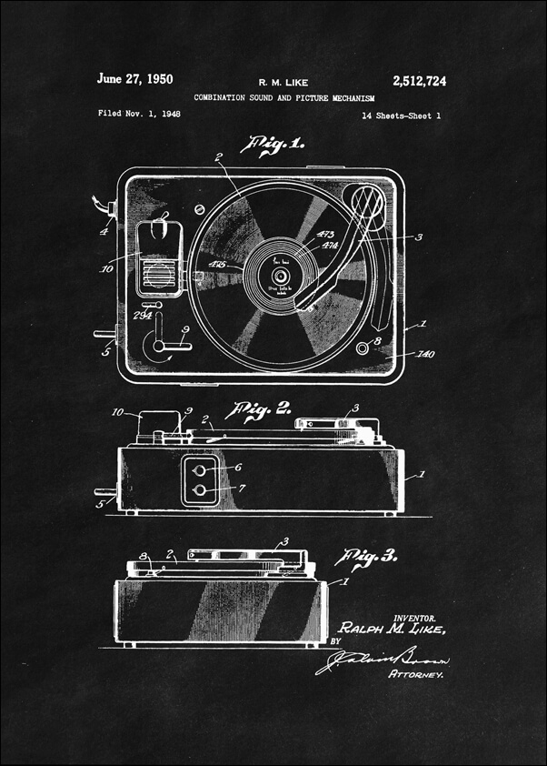 Patent, Gramofon z 1950 Czarne - plakat Wymiar do wyboru: 70x100 cm