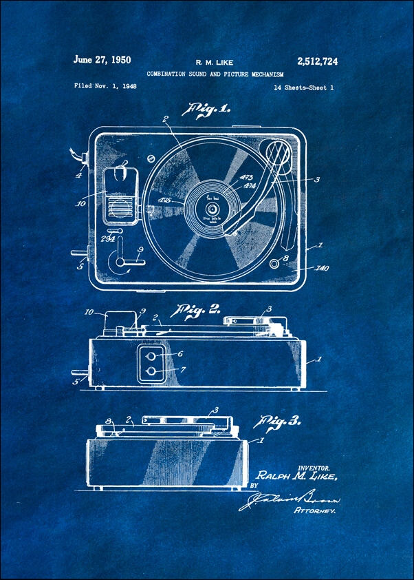 Patent, Gramofon z 1950 Niebieskie - plakat Wymiar do wyboru: 40x50 cm