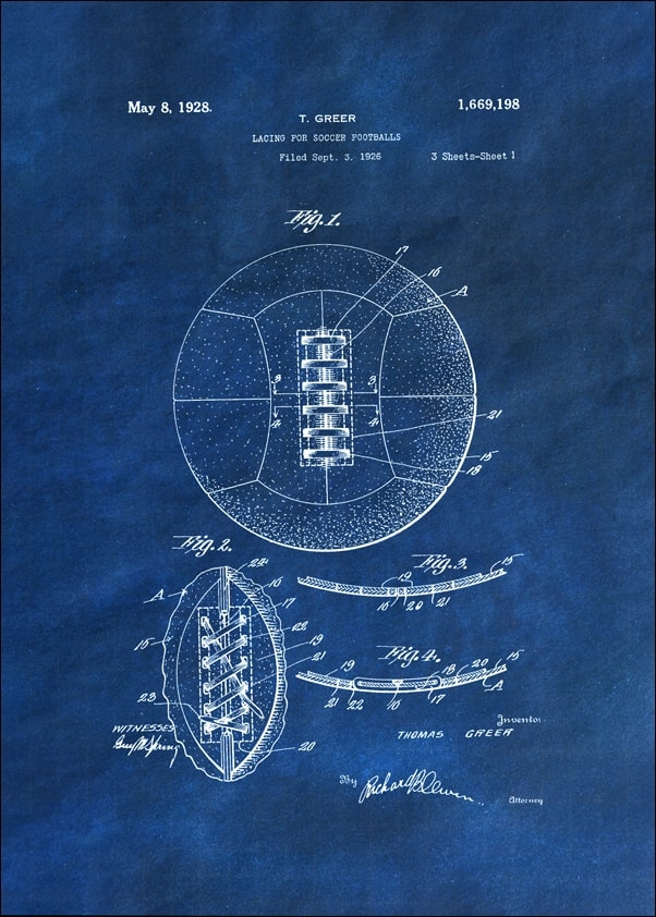 Patent, Retro Piłka Nożna projekt z 1926 Niebieski - plakat Wymiar do wyboru: 40x60 cm