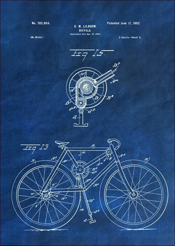 Patent, Rower Projekt z 1902 Niebieski - plakat Wymiar do wyboru: 40x50 cm