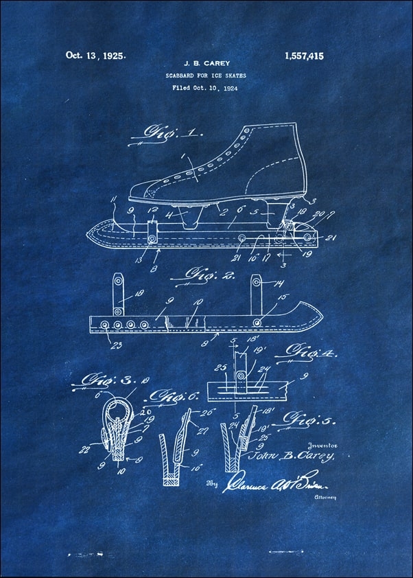 Patent, Łyżwy Projekt z 1925 Niebieskie - plakat Wymiar do wyboru: 50x70 cm