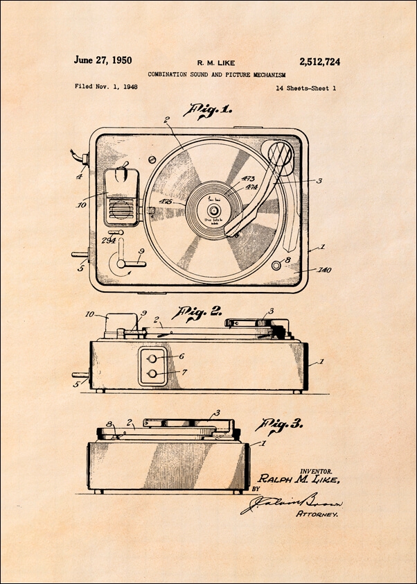Patent, Gramofon z 1950 sepia - plakat Wymiar do wyboru: 40x50 cm