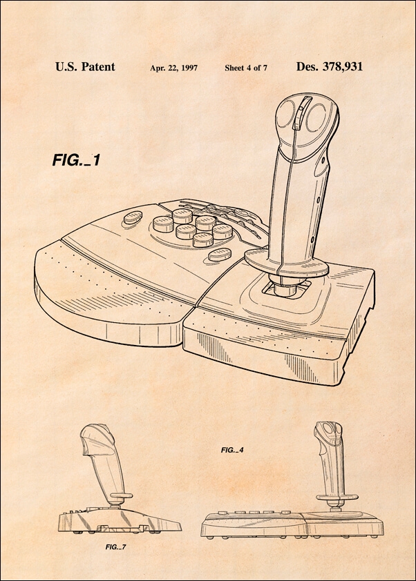 Patent, Joystick Do gier 1997 sepia - plakat Wymiar do wyboru: 50x70 cm