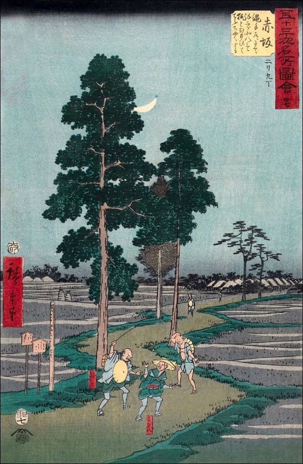 Akasaka On the Nawate Road, Yajirôbei Takes Kitahachi for a Fox and Beats Him, Hiroshige Ando - plakat Wymiar do wyboru: 50x70 cm