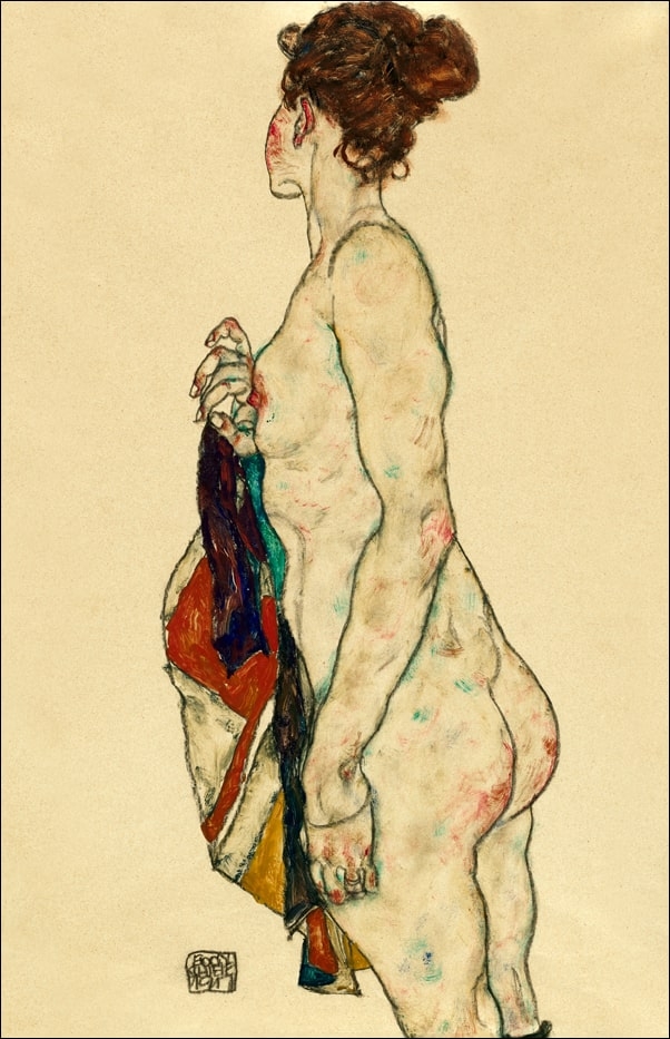 Standing Nude with a Patterned Robe, Egon Schiele - plakat Wymiar do wyboru: 20x30 cm
