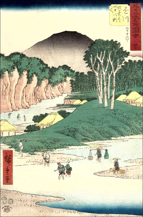 Kakegawa Fording the Forty eight Rapids on the Akiba Road, Hiroshige Ando - plakat Wymiar do wyboru: 60x80 cm