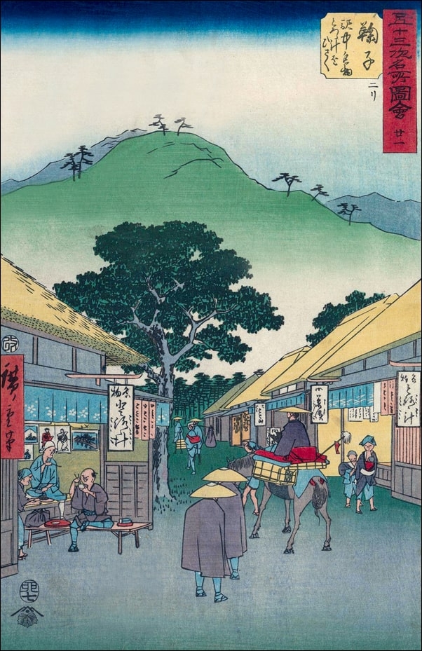 Mariko Selling the Famous Yam Soup at the Station, Hiroshige Ando - plakat Wymiar do wyboru: 50x70 cm
