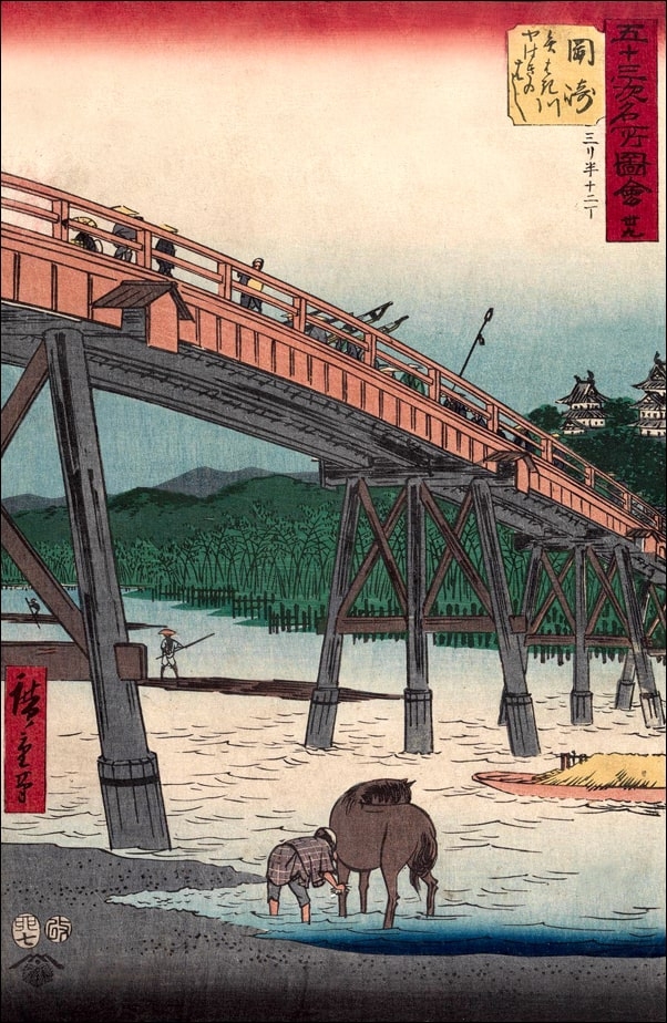 Okazaki Yahagi Bridge on the Yahagi River, Hiroshige Ando - plakat Wymiar do wyboru: 61x91,5 cm