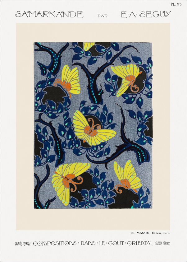 Butterfly pochoir pattern in Art Nouveau oriental style, E. A. Séguy -  plakat Wymiar do wyboru: 50x70 cm