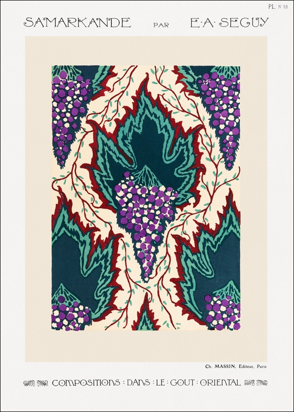 Grape pattern Art Nouveau pochoir print in oriental style, E. A. Séguy -  plakat Wymiar do wyboru: 50x70 cm