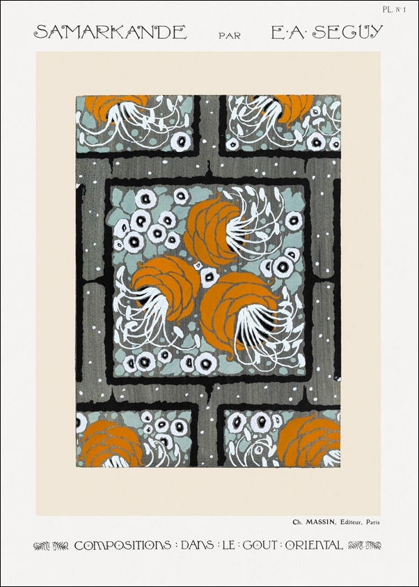 Flower pochoir pattern in Art Nouveau oriental style, E. A. Séguy -  plakat Wymiar do wyboru: 29,7x42 cm