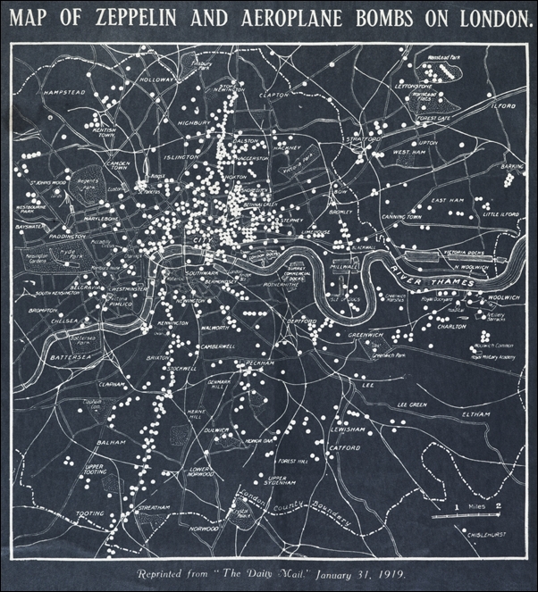 Map of Zeppelin and aeroplane bombs on London - plakat 50x50 cm