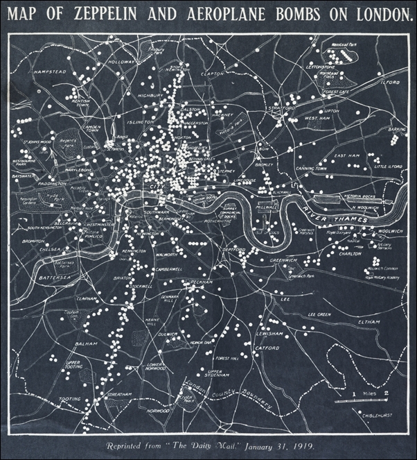 Map of Zeppelin and aeroplane bombs on London - plakat 40x40 cm