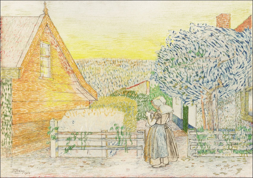 Zeeland girl, knitting in a courtyard, Jan Toorop - plakat 50x40 cm