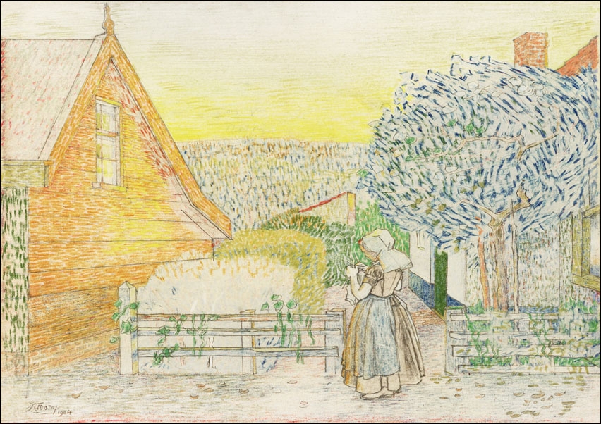 Zeeland girl, knitting in a courtyard, Jan Toorop - plakat 80x60 cm