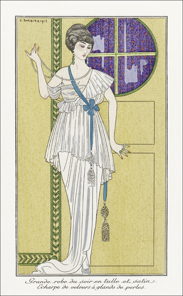 Costumes Parisiens, no. 8: Tailleur de Satin gris de perle. Chapeau de paille noir from Journal des Dames et des Modes, George Barbier - plakat 30x40