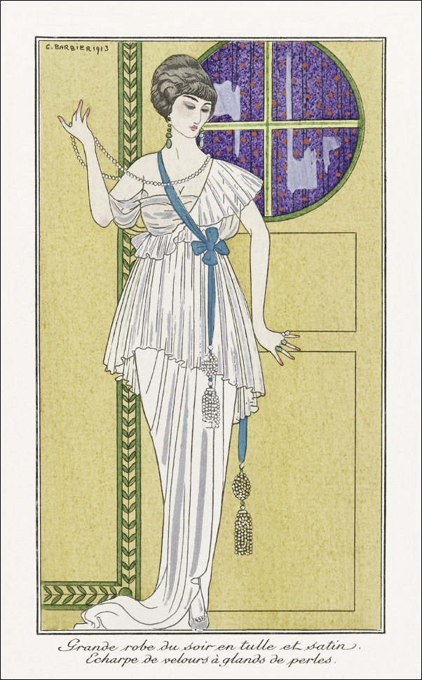 Costumes Parisiens, no. 8: Tailleur de Satin gris de perle. Chapeau de paille noir from Journal des Dames et des Modes, George Barbier - plakat 40x50