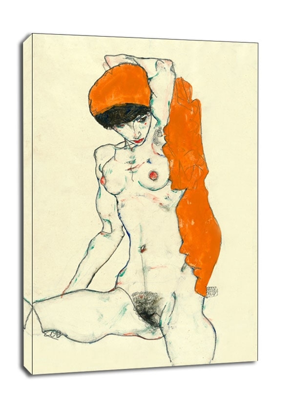 Standing Nude with Orange Drapery (recto)  Study of Nude with Arms Raised (verso), Egon Schiele - obraz na płótnie Wymiar do wyboru: 50x70 cm