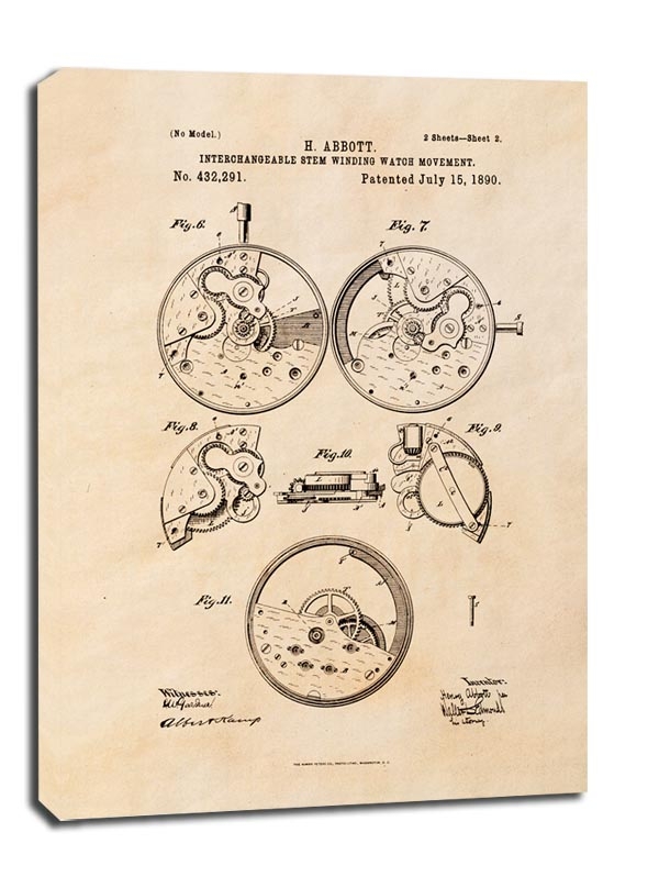 Patent Zegarek Nakręcany II Projekt z 1890, sepia - obraz na płótnie Wymiar do wyboru: 40x50 cm