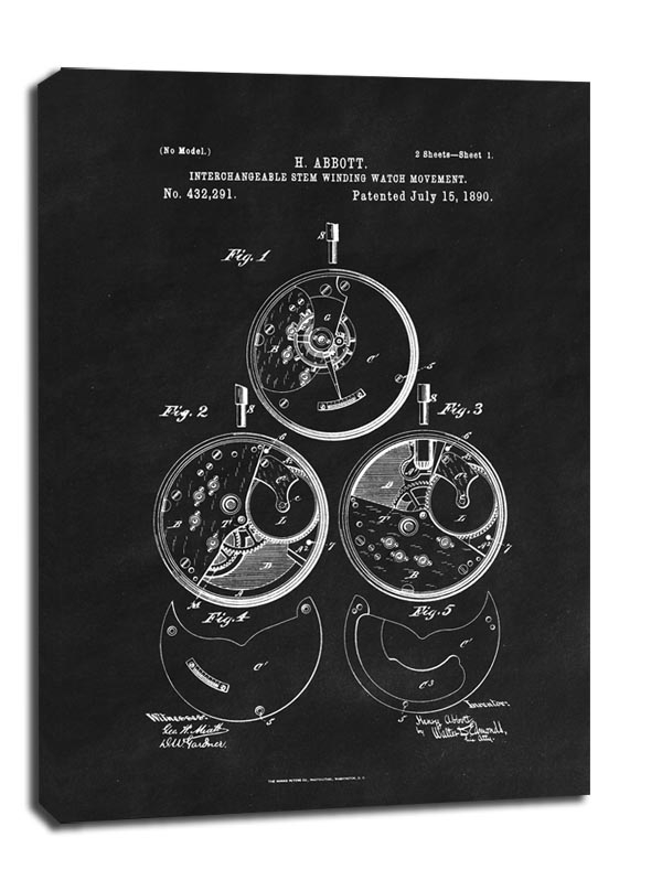 Patent Zegarek Nakręcany Projekt z 1890, black - obraz na płótnie Wymiar do wyboru: 40x60 cm