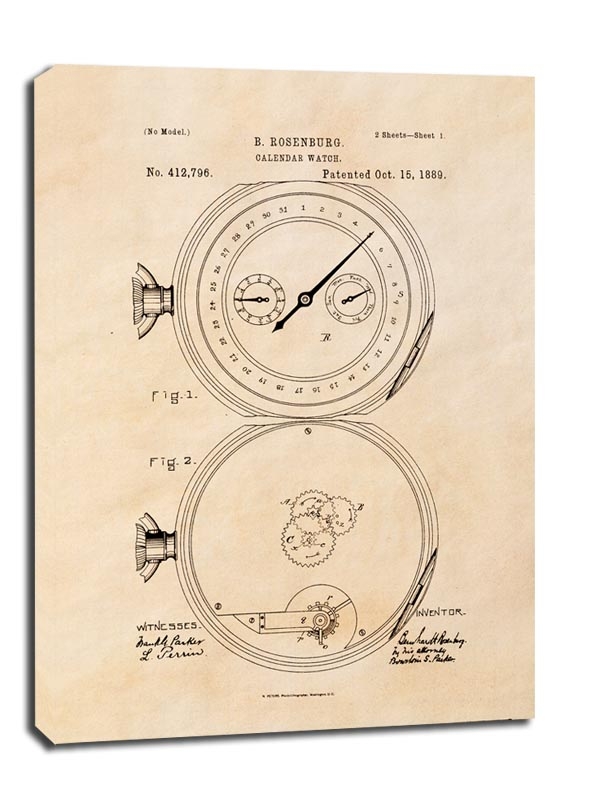 Zdjęcia - Obraz Patent Zegarek z Kalendarzem Projekt z 1889, sepia -  na płótnie Wymi