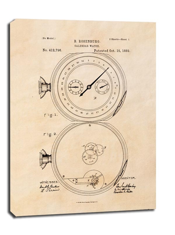 Patent Zegarek z Kalendarzem Projekt z 1889, sepia - obraz na płótnie Wymiar do wyboru: 90x120 cm