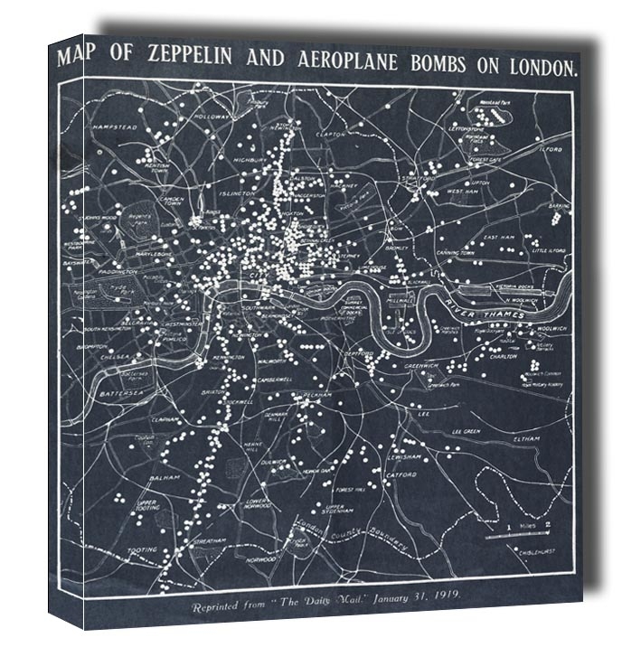 Map of Zeppelin and aeroplane bombs on London, Herbert Green - obraz na płótnie Wymiar do wyboru: 60x60 cm